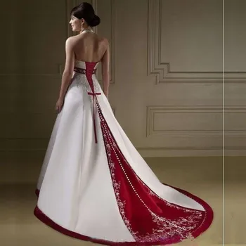 Derliaus Raudonos ir Baltos spalvos Gotikos Vestuvių Suknelės Apynasrio Dėmių Zawalcowany Siuvinėjimo Nėrinių-up Atgal Teismas Traukinio Šalies Vestuvių Suknelė