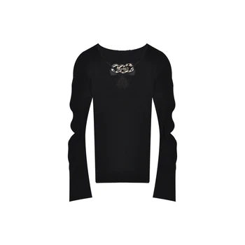Dizaino juodos megztos t-shirt moterims, rudenį slim montavimo ilgomis rankovėmis V-kaklo, žemiausią marškinėliai 2020 naujos grandinės viršūnės