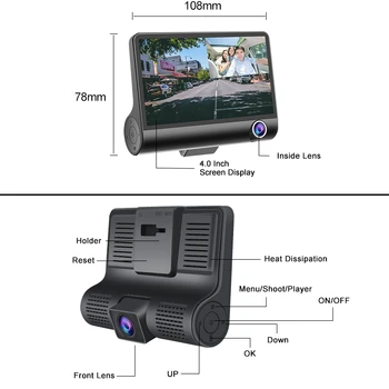 Dropshipping E-ACE Automobilių DVR 3 Fotoaparatų 10/20/30 Vnt 4.0 Colių Dual Objektyvo galinio vaizdo Kamera Vaizdo įrašymo Auto Registrator brūkšnys cam