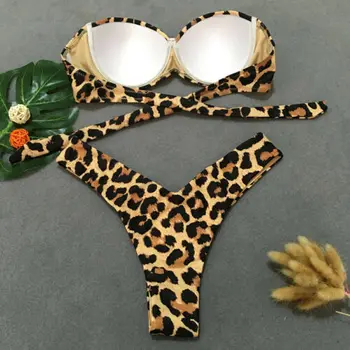 Dviejų Vienetų Seksualus Moteriški Stebėjimo Leopard Bikini Komplektas Paminkštinta Liemenėlė Raukšlėtis Bandeau Maudymosi Kostiumėlį Paplūdimio Maudymosi Kostiumėliai, Maudymosi Kostiumą