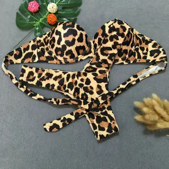 Dviejų Vienetų Seksualus Moteriški Stebėjimo Leopard Bikini Komplektas Paminkštinta Liemenėlė Raukšlėtis Bandeau Maudymosi Kostiumėlį Paplūdimio Maudymosi Kostiumėliai, Maudymosi Kostiumą