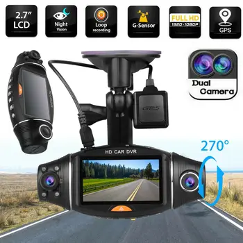 Dvigubo Objektyvo LCD Car DVR Kamera Full HD 1080P GPS Brūkšnys Kamera Vaizdo įrašymas su Galinis Vaizdas Naktį Verison G-sensorius Automobilių Brūkšnys Cam skaitmeniniai vaizdo įrašymo įrenginiai