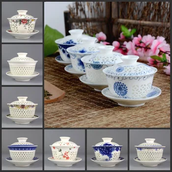 Dėl pardavimų Kinijos tureen porceliano puodelį, dubenėlį handpainted hollow-out dizainas gaiwan keramikos, kuriems dubenys, taurės lėkštė su dangteliu naujas