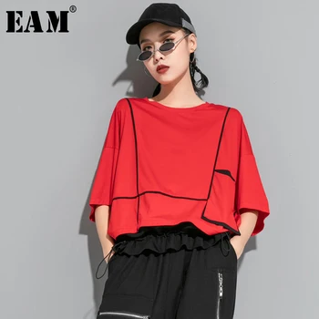 [EAM] Moterys Red Pocket Padalinti Bendras Didelis Dydis, T-shirt Naujas Apvalios Kaklo Trijų ketvirčių Rankovės Mados Banga Pavasario Vasaros 2021 1U622