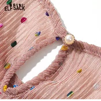 ELFSACK Rausvos spalvos, Kontrastas Blizgančiais permatomas Palaidinė Moterų 2020 M. Vasarą ELF Derliaus Sluoksniuotos Rankovėmis Skylutę korėjos Ponios Kasdien Saldus Viršų