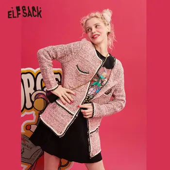 ELFSACK Rožinė Colorblock Tiesiai Viena Breasted Elegantiškas Vilnos Paltai Moterims 2019 Žiemos Kratinys Derliaus Office Ponios Outwear