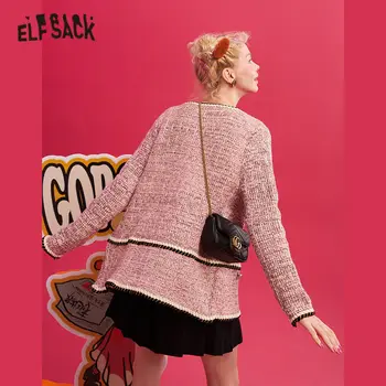 ELFSACK Rožinė Colorblock Tiesiai Viena Breasted Elegantiškas Vilnos Paltai Moterims 2019 Žiemos Kratinys Derliaus Office Ponios Outwear