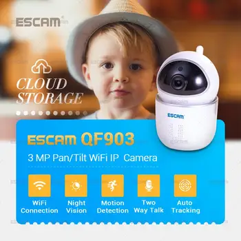 ESCAM QF903 3MP IR Naktinis Matymas, Judesio Aptikimas Domofonas IP Kamera, Wireless PTZ Kūdikio stebėjimo