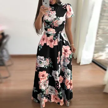 Elegantiškas Gėlių Spausdinti Atsitiktinis Palaidų Maxi Suknelė Moterims 2021 M. Pavasarį Ilgomis Rankovėmis, Kaklaraištis Juosmens Ilgas Apdaras Femme