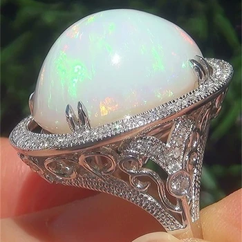 Elegantiškas Ir Madingas Baltos, Ovalo formos Opal Sidabro Spalvos Žiedas, Retro Šalies Dalyvavimas Vestuvių moteriški Žiedai