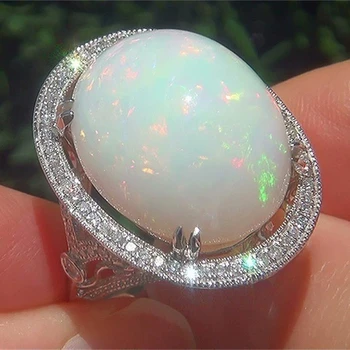 Elegantiškas Ir Madingas Baltos, Ovalo formos Opal Sidabro Spalvos Žiedas, Retro Šalies Dalyvavimas Vestuvių moteriški Žiedai