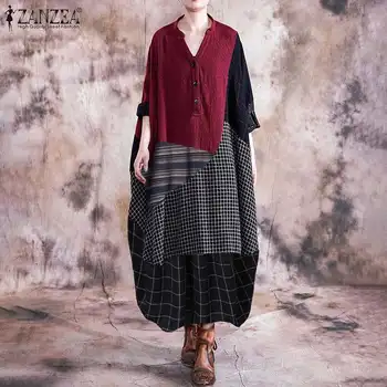 Elegantiškas Moterų Patikrinti Maxi Sundress ZANZEA 2021 Susiuvimo Marškinėliai Suknelė ilgomis Rankovėmis Vesitods Moterų Plati Tunika Skraiste, Negabaritinių