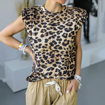 Elegantiškas Moterų Pečių Trinkelėmis Leopardas Spausdinti Marškinėliai Vasaros Berankovis O-neck Tee Viršūnes Harajuku Mados Drabužiai Plius Dydis SJ6276V