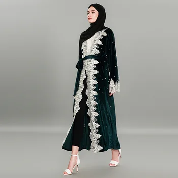 Elegantiškas Nėrinių Duobute Musulmonų Abaja Moterų Aksomo Kimono Ilgas Chalatas, Jubah Caftan Dubajus Islamo Drabužių Sudurti Turkijos Suknelė, Hijab