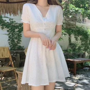 Elegantiškas V Kaklo Linija, Trumpas Korėjos Suknelė Vintage White Mygtuką Tuščiaviduriai Iš Medvilnės Vasaros Suknelės Harajuku Saulėgrąžų Ropa Femenina
