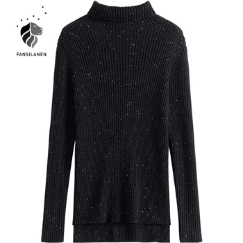 FANSILANEN Polka dot golfo juodas megztinis Moterims ilgomis rankovėmis negabaritinių derliaus megztas megztinis Moteriška padalinta atsitiktinis megztinis