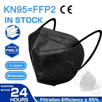FFP2 KN95 Veido Kaukės Black Unisex 5 Sluoksnių Filtras Dulkėms Nagų Dangteliais Saugos Kvėpuojantis Neaustinių Lankelį Daugkartinio naudojimo Mascarillas