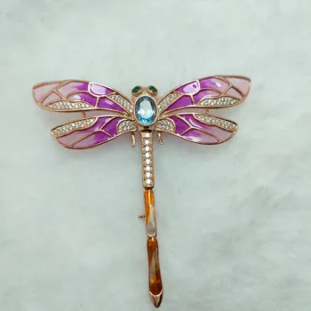 FLZB , Didelis Sagės Amimal Dizaino Rožinis Dragonfly su Gamtos Mėlynas Topazas Brangakmenio iš 925 Sterlingas Sidabro Elegantiškas Papuošalai gfit
