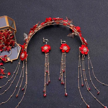 FORSEVEN Kinijos Tradicinės Raudonos Spalvos Gėlių Šukuosena Plaukų Aksesuarų, Rankų darbo Ilgai Kutas Lankelis Auskarai, Papuošalų Rinkiniai