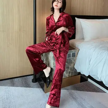 Fdfklak Temperamentas naujas sleepwear pižama moterims ilgomis rankovėmis ilgai ziajać pijama moterų atsitiktinis aukso aksomo šiltų namų drabužiai