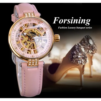 Forsining Pink Lady Diamond Automatinis Laikrodis Moterims Laikrodžiai Viršuje Montre Femme 2019 Aukso Skeletas Relogio Feminino Prekės Star Laikrodis