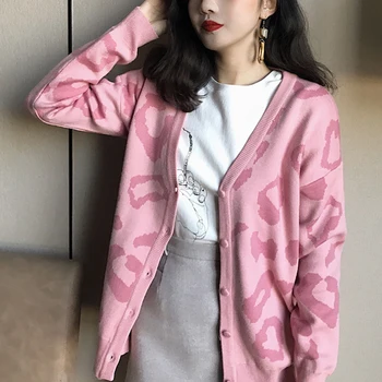 GALBŪT U Moterų Megztinis Megztas Long Sleeve Pink Leopard susagstomi megztiniai V Kaklo Žiemos Outwear M0036