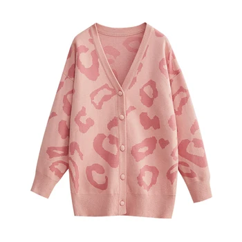 GALBŪT U Moterų Megztinis Megztas Long Sleeve Pink Leopard susagstomi megztiniai V Kaklo Žiemos Outwear M0036
