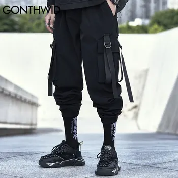 GONTHWID Krovinių Haremas Poilsiu Kelnes Streetwear Hip-Hop Atsitiktinis Multi-Kišenės, Juostos Kelnės Vyriškos Mados Harajuku Gatvėje Kelnės