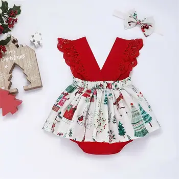 Goocheer Kalėdų Drabužius Naujagimiui Kūdikių Mergaitės, Raudona Santa Kalėdos Šalis Bodysuit Jumpsuit Suknelė, Lankelis Nėrinių Bodysuit