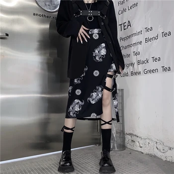 Gothic Punk Sijonai Moterims Harajuke Aukšto Juosmens Diržo Sagtis Neapibrėžta Juodi Ilgi Sijonai, Dragon modelis Streetwear Sijonas Moteris