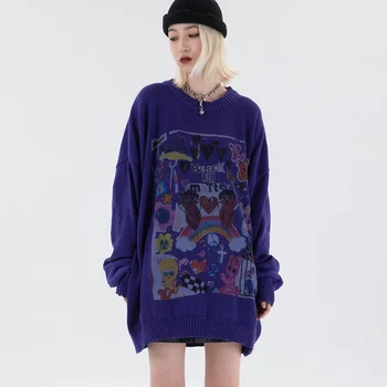 Grafiti Žiemos Drabužių Moterų 2020 M. Negabaritinių Megztiniai Ilgomis Rankovėmis Viršuje Violetinė Drabužių Mados Naujų Kawaii Mielas Streetwear