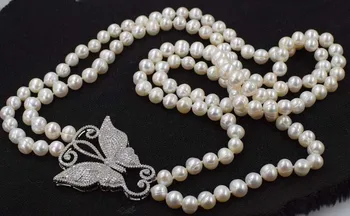 Gėlavandenių perlų šalia ištisus 9-10mm balti karoliai drugelis cirkonis pakabukas 28-30inch didmeninė karoliukai pobūdžio FPPJ moteris