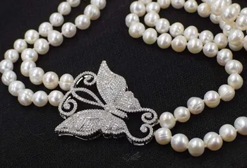 Gėlavandenių perlų šalia ištisus 9-10mm balti karoliai drugelis cirkonis pakabukas 28-30inch didmeninė karoliukai pobūdžio FPPJ moteris