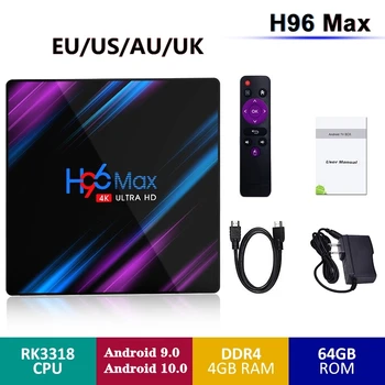 H96 MAX Android 10.0 TV Box RK3318 4GB RAM 64GB ROM 5G WIFI, bluetooth, Android 4.0 9.0 4K VP9 H. 265 