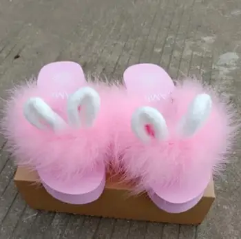 HAHAFLOWER saldus triušio ausies kailio sandalai saldus balto kailio fifo ponios aukštos platformos pleištai batus moteris rožinių plunksnų šlepetės