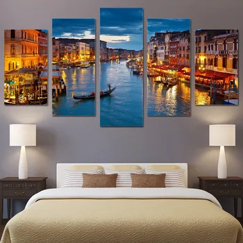 HD Atspausdinta 5 gabalo drobės meno tapybos Venecija miesto vandens valtis šviesos kambario dekoras drobė sienos menas, plakatų ir grafikos ny-6206