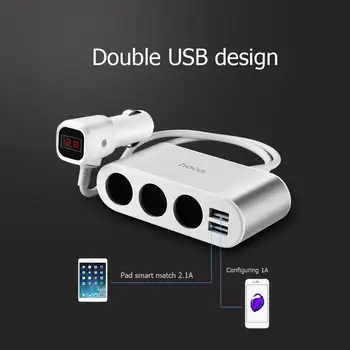 HOCO Z13 Dual USB 2.1 Automobilio Įkroviklis, 3 Lizdai Cigarečių Degiklio LED Skaitmeninis Displėjus, Greito Įkrovimo Adapteris, Splitter