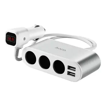 HOCO Z13 Dual USB 2.1 Automobilio Įkroviklis, 3 Lizdai Cigarečių Degiklio LED Skaitmeninis Displėjus, Greito Įkrovimo Adapteris, Splitter