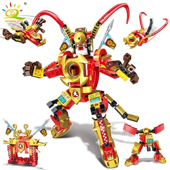 HUIQIBAO 298pcs Sun Wukong Mecha Blokai Miesto Monkied Robotas Super Beždžionių Karalius Kovotojas Ginklas Duomenys Plytos Vaikų Žaislai