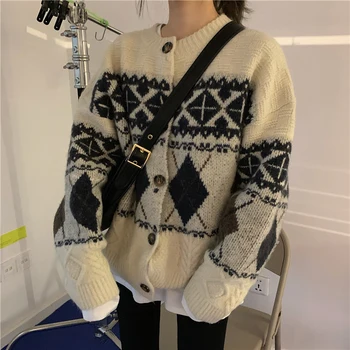 HWLZLTZHT Geometrinis Modelis Moterų Trikotažas Vintage Megztinis Moterų Žiemos Striukė Kašmyrui Megztiniai Mezgimo Megztinis Moterims