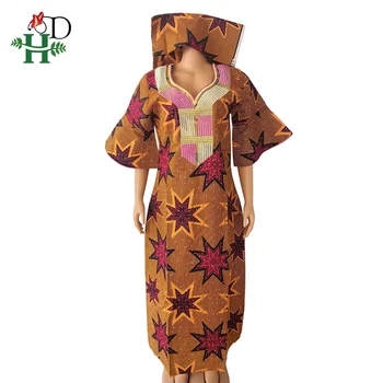 H&D Afrikos Spausdinti Vaškas Suknelės Moterims Medvilnės Boubou Femme Tradicinių Maxi Suknelė Su Headtie Skraiste Africaine Hipių 2020 S89
