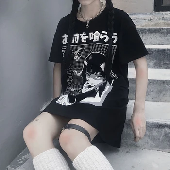Harajuku Punk, Gothic T-Shirt Moterims, Animacinių Filmų Estetinės Spausdinti Trumpas Rankovės Prarasti Viršuje Tees Mados Grunge Tamsiai Tshirts Tumblr Moteris