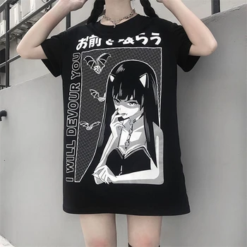 Harajuku Punk, Gothic T-Shirt Moterims, Animacinių Filmų Estetinės Spausdinti Trumpas Rankovės Prarasti Viršuje Tees Mados Grunge Tamsiai Tshirts Tumblr Moteris