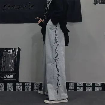 Harajuku Retro Moterų Kelnes Erškėčių Spausdinti Elastinga Juosmens, Palaidi Pločio Kojų Kelnės Mados Streetwear Grunge Tamsiai Atsitiktinis Kelnės Unisex