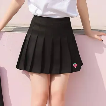 Harajuku kawaii Sijonai Moterims Aukšto Juosmens Mini Džinsinio Sijonai Braškių Vaisių siuvinėjimo Mielas Plisuotos Japonijos mokyklinę Uniformą 2020 m.