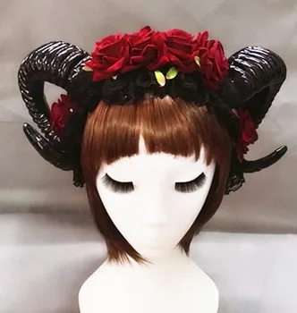 Helovinas Gothic Lolita uždangos Demonas Blogio Avių ragų Gėlės Lankelis Hairband Aksesuaras Cosplay Apdangalai, Atraminiai