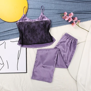 HiLoc Juoda Backless Namų Kostiumas Moterims Pajama Sexy Nėrinių Sleepwear Satino Spageti Dirželis Pižama Su Kelnes Intymus Apatinis Trikotažas