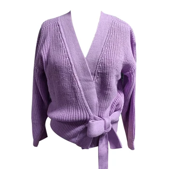 Huaxiafan susagstomi megztiniai kietas diržas megztiniai moterims rudenį outwear atsitiktinis viršūnes elegantiškas V kaklo sluoksniuotos rankovėmis derliaus šiltas susagstomi megztiniai naujas