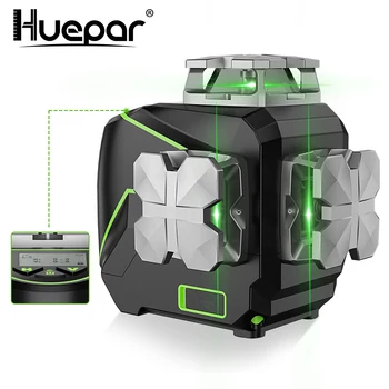 Huepar 3D LCD Ekranas Kryžminių linijų Lazeris Lygis 12 Linijos Žalios Šviesos 