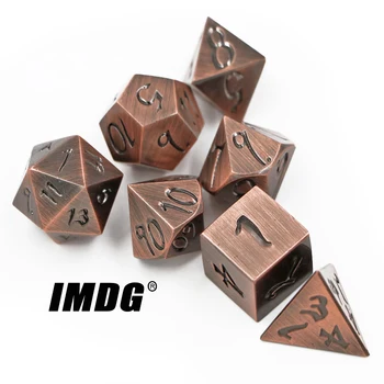 IMDG 7pcs/set Kūrybos RPG Žaidimas Kauliukais, Polyhedron Metalo Kauliukai DND Didelio Šrifto Senovės Raudona, Vario Spalvos Skaitmeninis Žaidimas Kauliukai